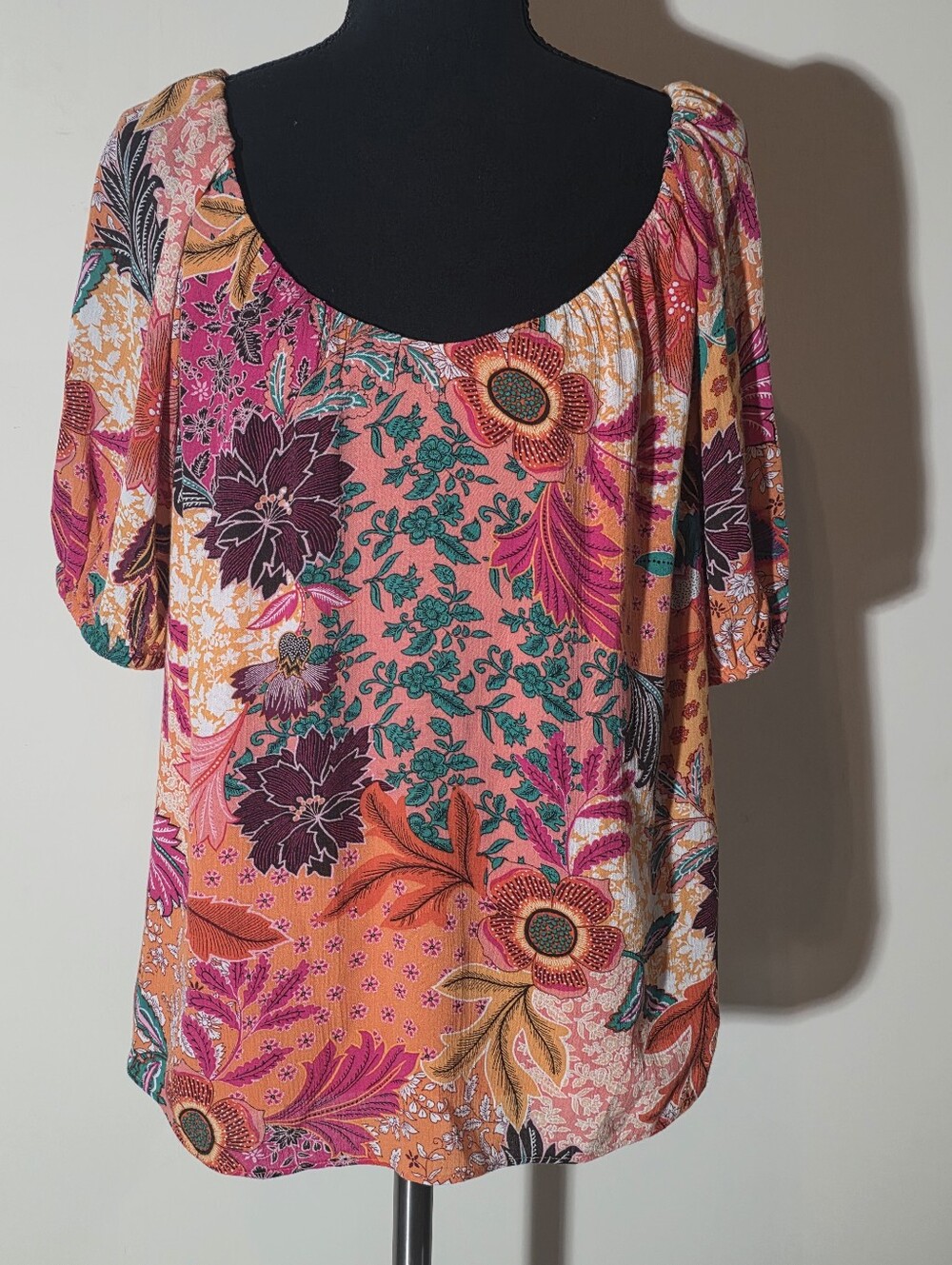 LOFT Pink Orange Floral Scoop Neck Blouse (Size M-P)